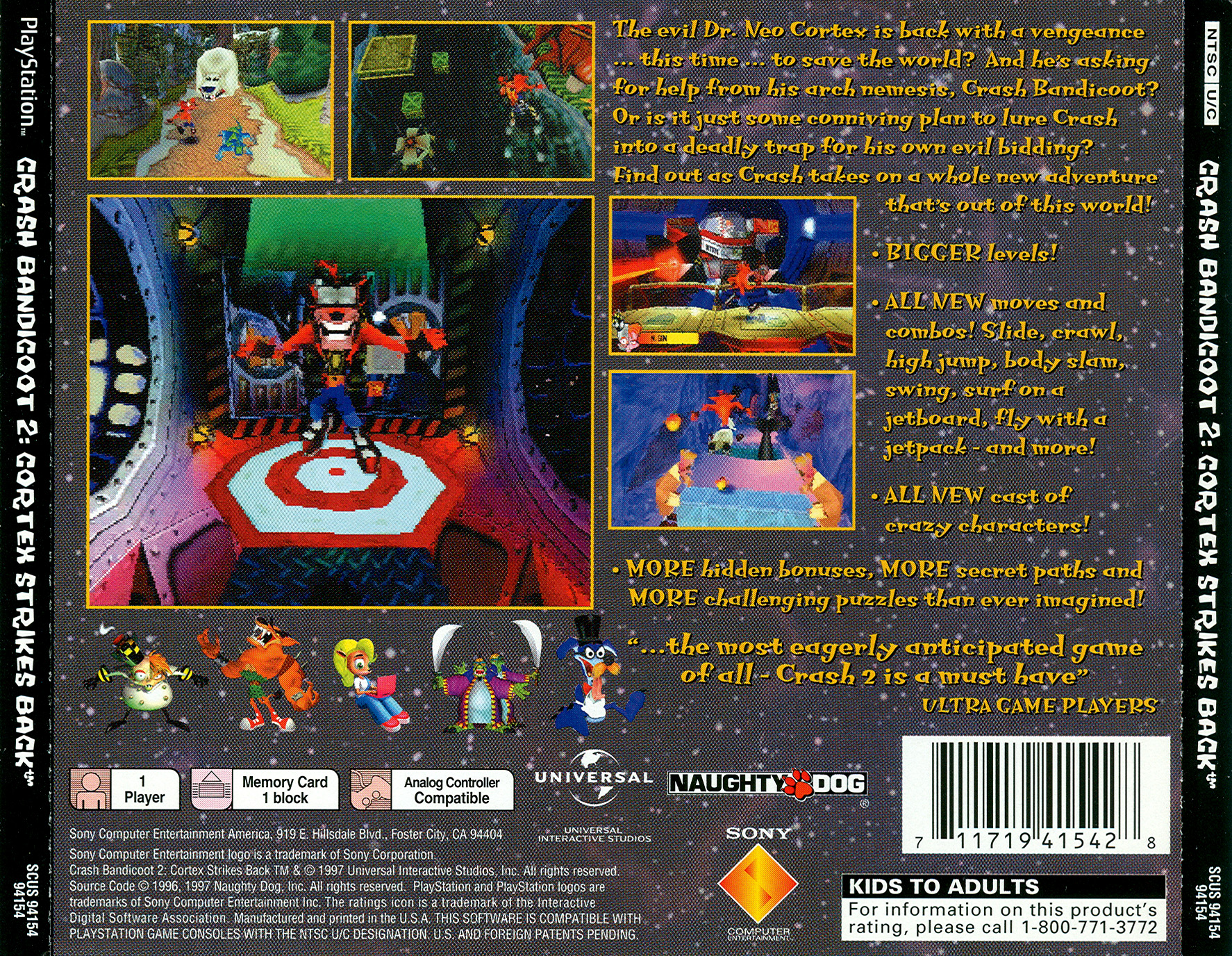 Contraportada de Crash Bandicoot 2 Cortex Strikes Back · US