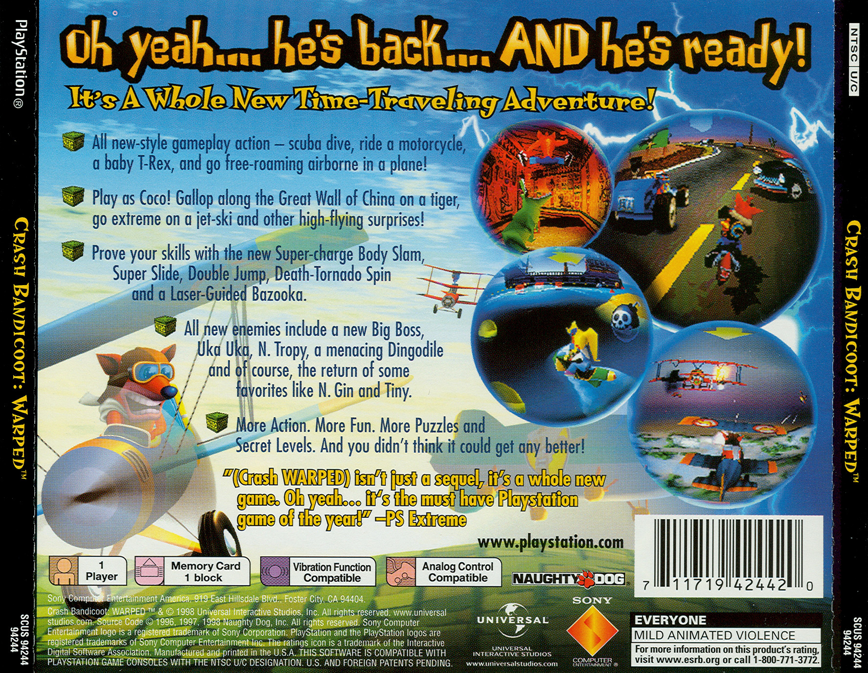 Contraportada de Crash Bandicoot Warped · US