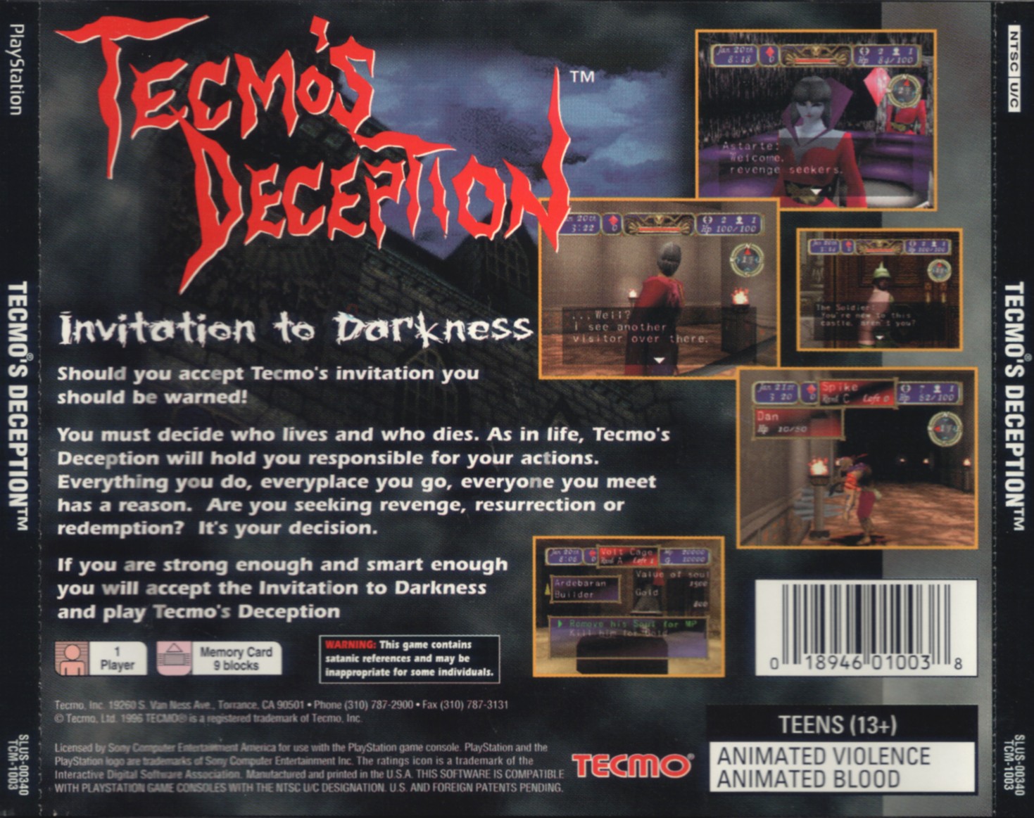 Contraportada de Tecmo's Deception Invitation to Darkness · US