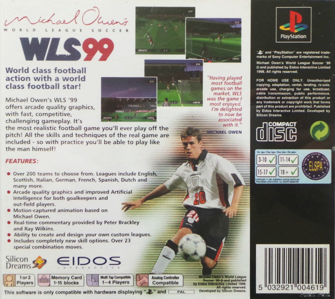Contraportada de Michael Owen's World League Soccer 99 · EU
