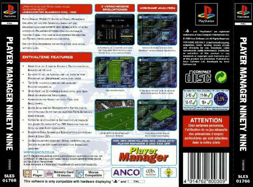 Contraportada de Player Manager Ninety Nine · DE