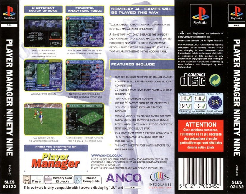 Contraportada de Player Manager Ninety Nine · EU