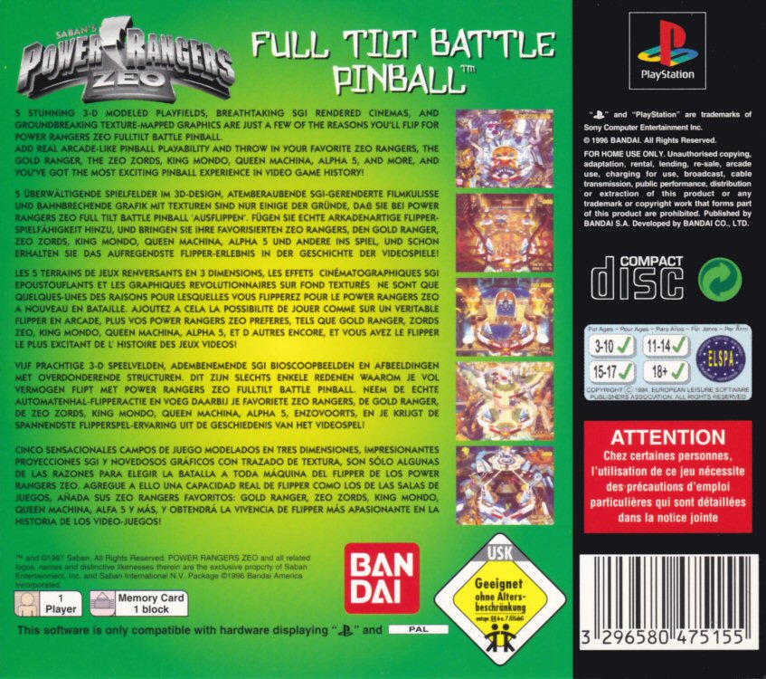 Contraportada de Power Rangers Zeo Full Tilt Battle Pinball · EU
