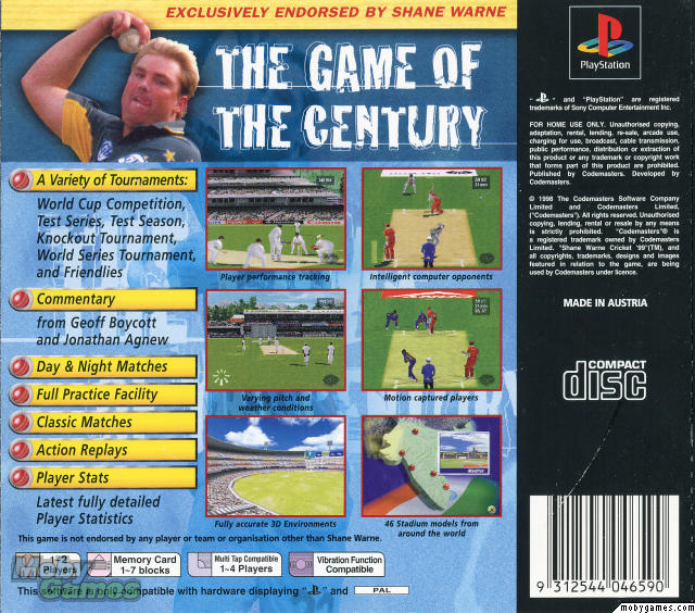 Contraportada de Shane Warne Cricket '99 · AU