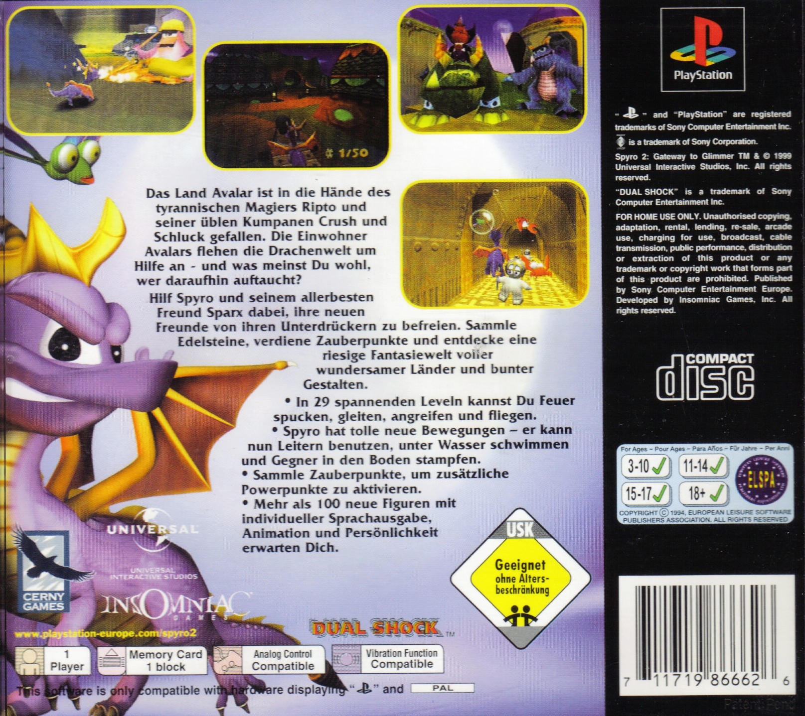 Contraportada de Spyro 2 Gateway to Glimmer · DE
