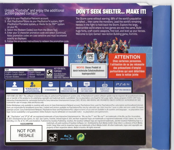 Contraportada promocional · códigos de canje ocultos de Fortnite [Promo Disc] · PAL · Mercado por determinar
